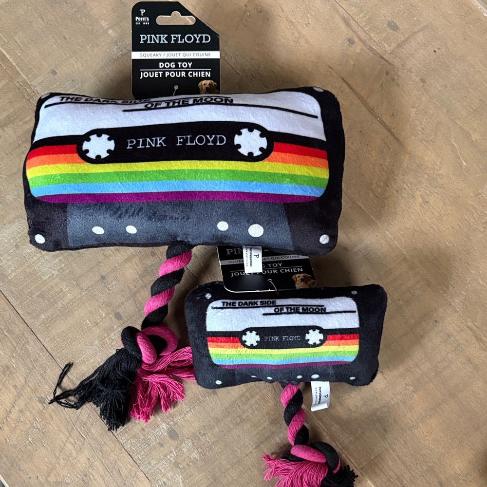 Pink Floyd Cassette Squeaky Dog Toys Set of 2 Large and Small Black and Rainbow